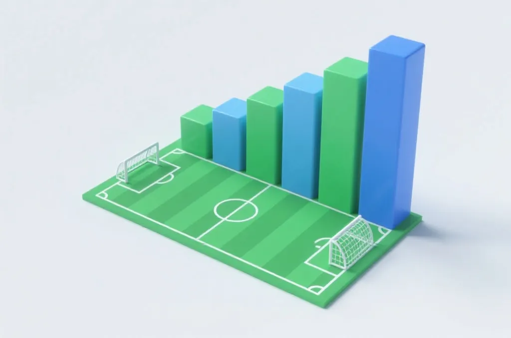 An abstract 3D render of green and blue bar charts morphing into a soccer field, represents data analysis and strategy, clean minimalist design