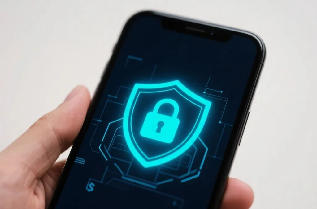 A secure digital wallet concept on a mobile phone screen with shield icon and glowing lock, high-tech finance style